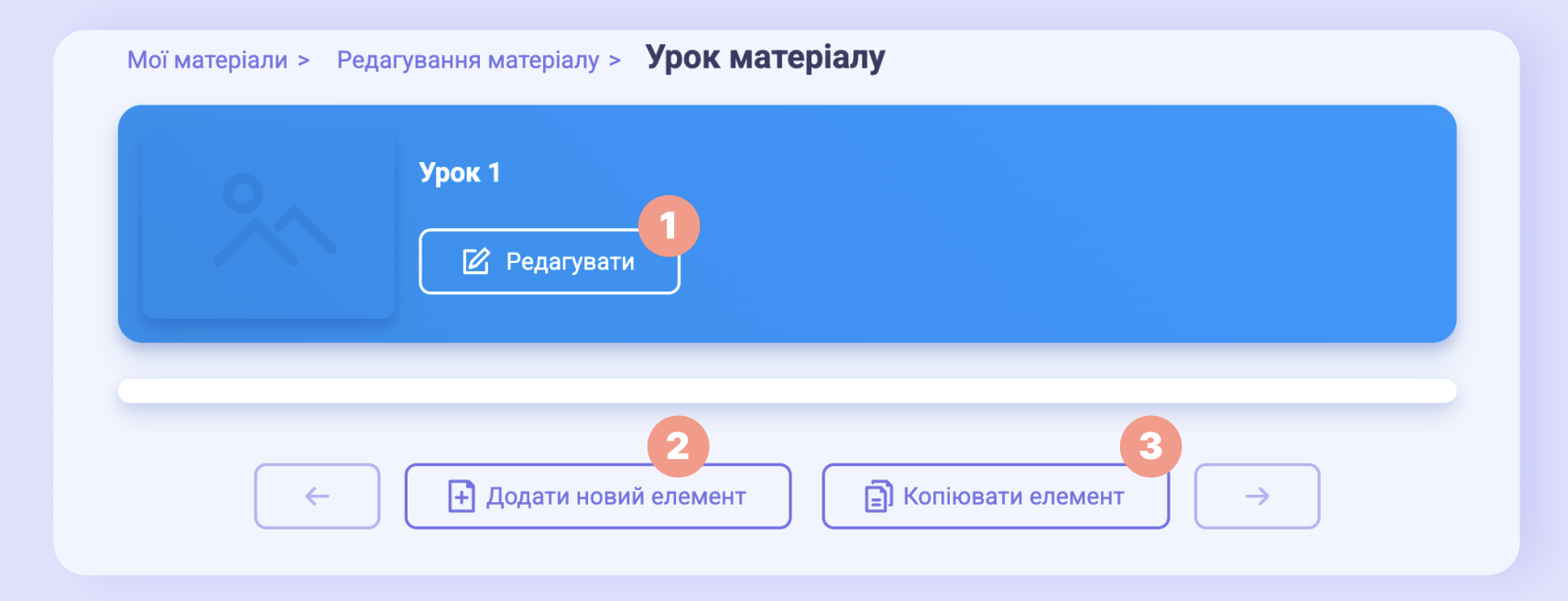 Кнопки в уроці: ❶ Редагувати, ❷ Додати новий елемент, ❸ Копіювати елемент